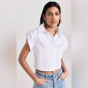HEVRON Cloud White Cotton Poplin Cropped Short Sleeve Button Down Leonora Top M